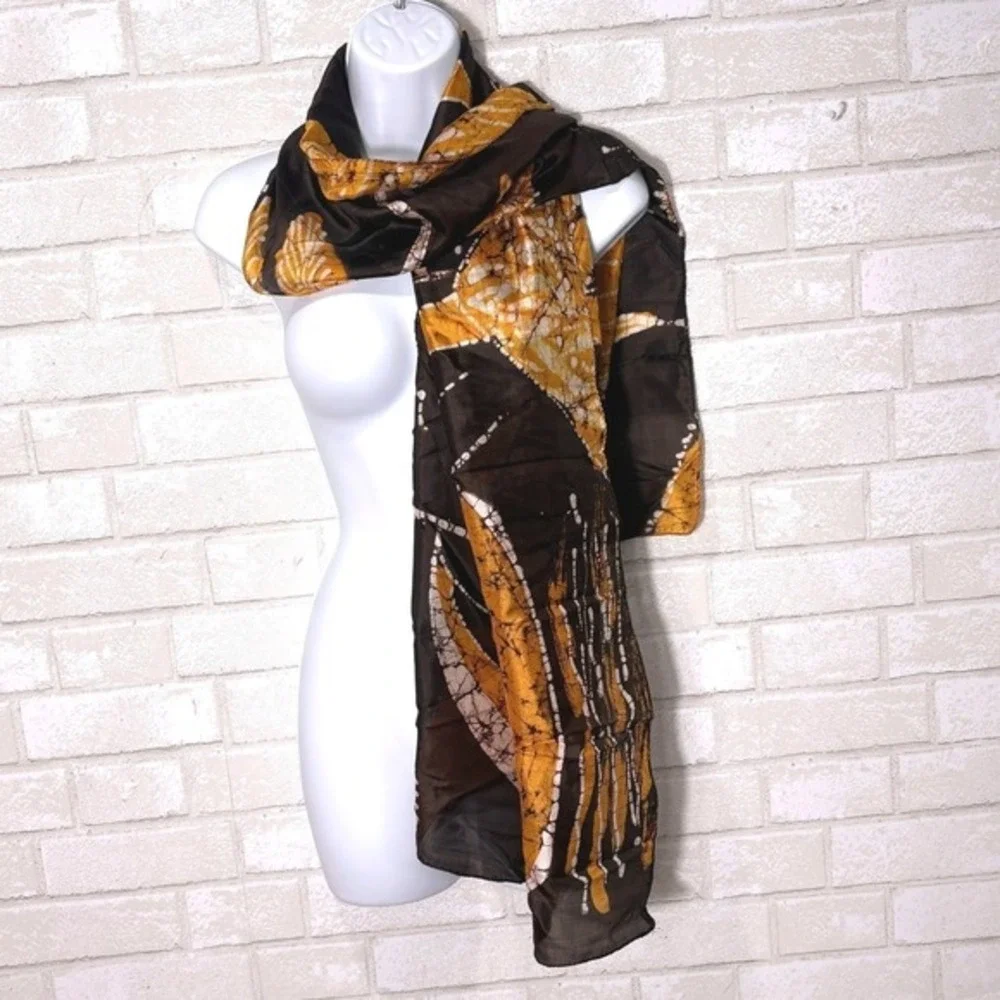 Vintage‎ Silk Scarf Narrative Print Batik Artisan Shawl Wrap Wearable Art Global